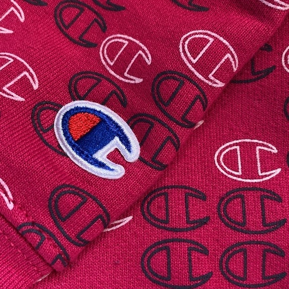 Champion All OverLogo High Neck Sweatshirt Pullover Hoodie Pink Size M - Picture 1 of 9